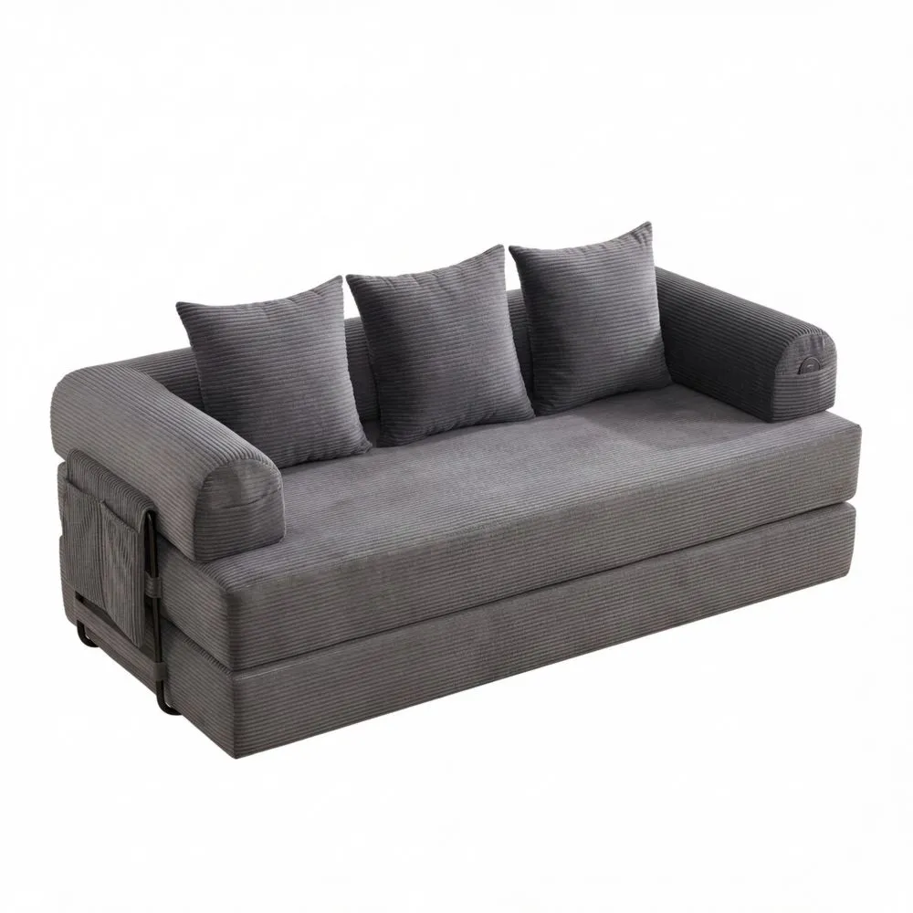 Sofá cama de 3 plazas con bolsillos laterales y cojines