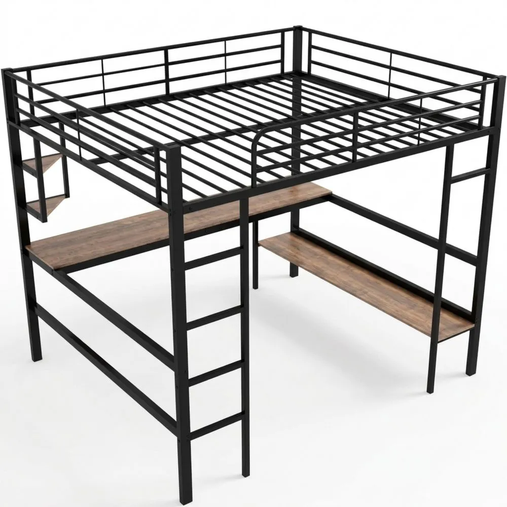 Cama Alta de Metal con Escritorio 140 x 200 cm con Protección de Caídas y Estantes