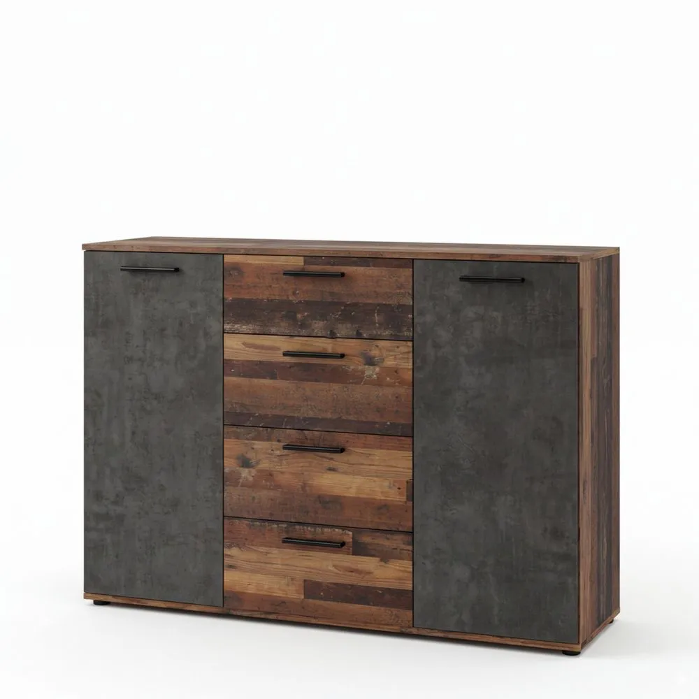Cómoda con 4 Cajones y 2 Puertas, Efecto Madera Vintage y Hormigón Oscuro