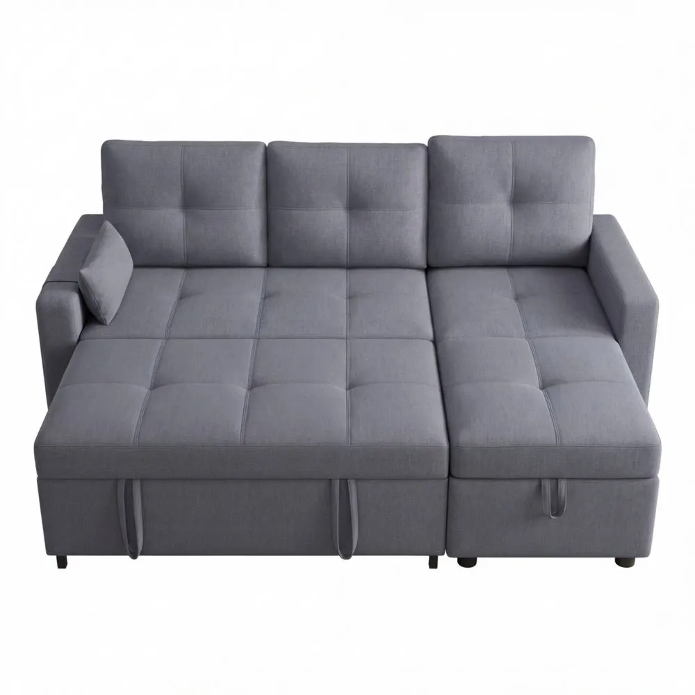 Sofá Cama Esquinero en L, Función Cama y Espacio de Almacenamiento, Tela de Lino, Color Gris
