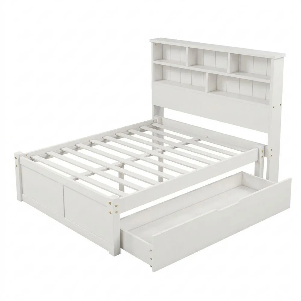 Cama Individual de Madera Maciza con Cajones y Base de Listones 90 x 200 cm para Niños y Adultos Color: Blanco