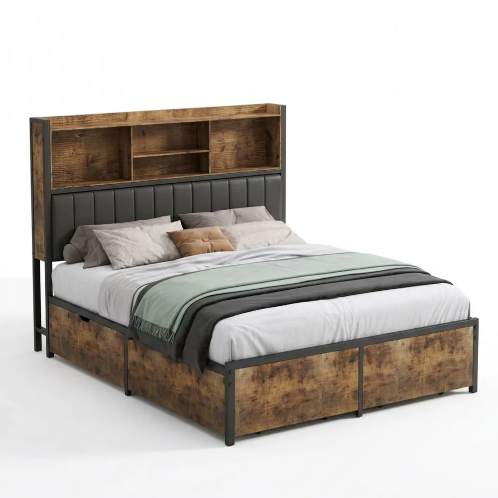 Cama Doble con Cabecero Acolchado, Compartimentos de Almacenamiento y Luz LED