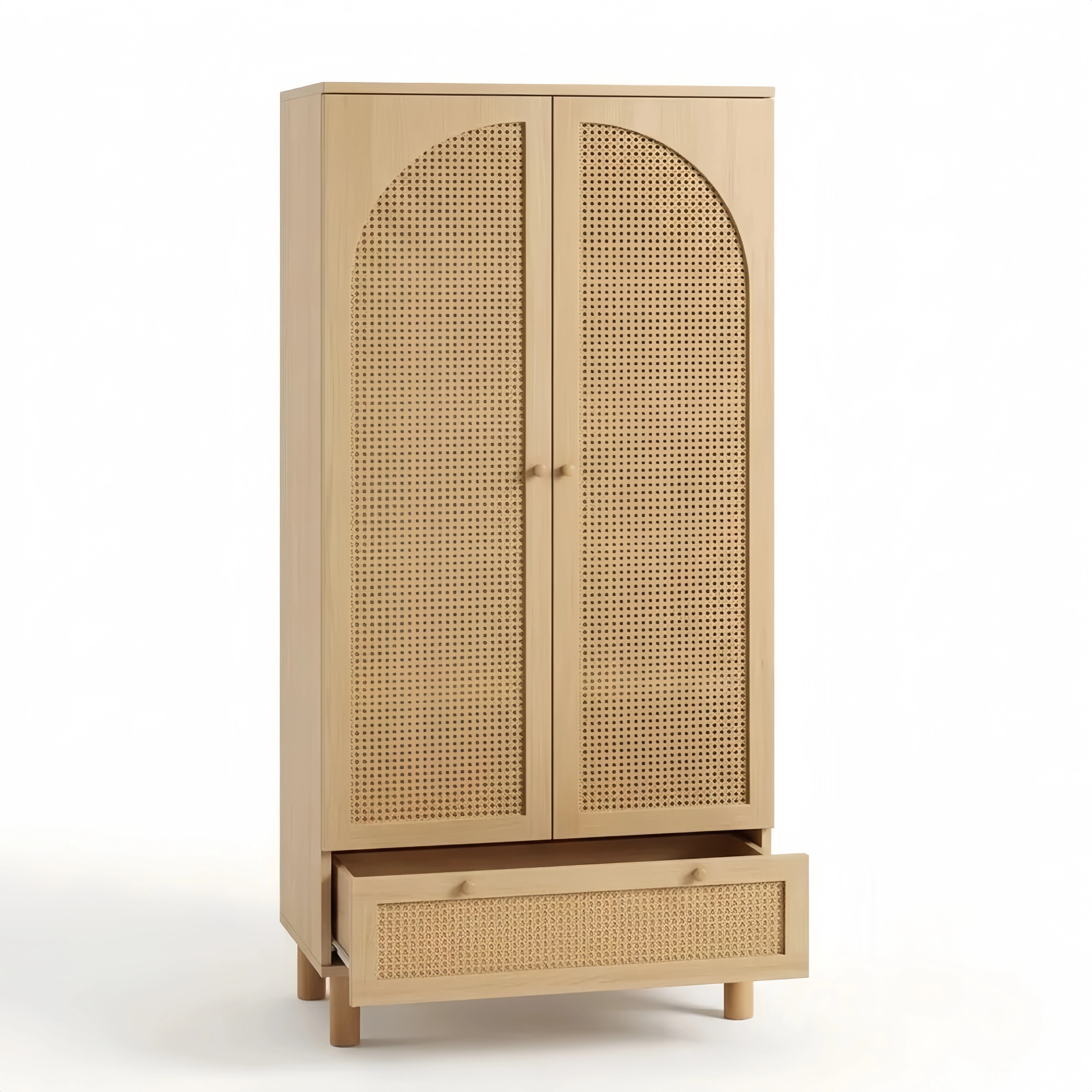 Armario de 2 Puertas y Ratán, Armario de Madera con Barra para Colgar y Estantes Ajustables en Altura, Cajón Grande, Estilo Rústico, 180 x 85 x 52 cm, Blanco