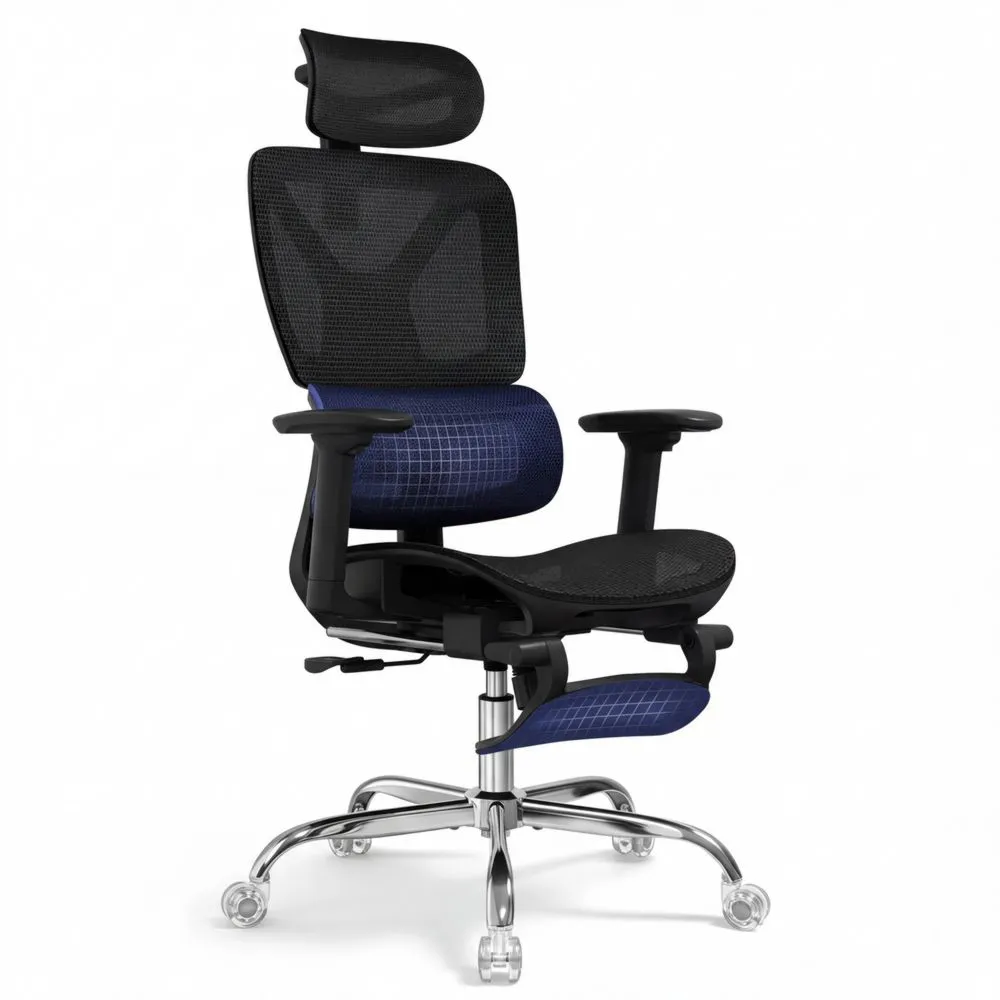 Silla de Oficina Ergonómica con Respaldo Reclinable, Soporte Lumbar y Reposapiés, Ruedas Silenciosas y Malla Transpirable para Teletrabajo y Estudio, Negra