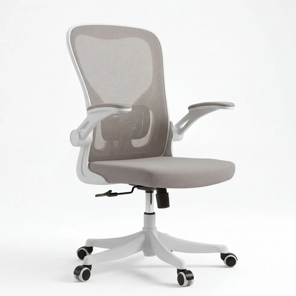 Silla de oficina ergonómica con soporte lumbar y reposacabezas ajustable, brazos plegables, respaldo reclinable (90°-130°), malla beige arena, ideal para estudio u oficina