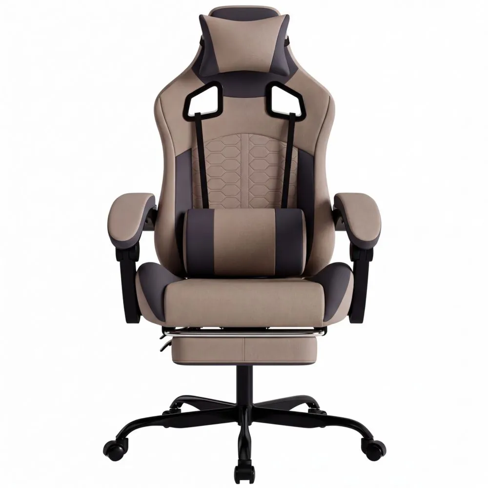 Silla ergonómica ajustable con reposapiés y soporte lumbar para juegos y oficina, color beige