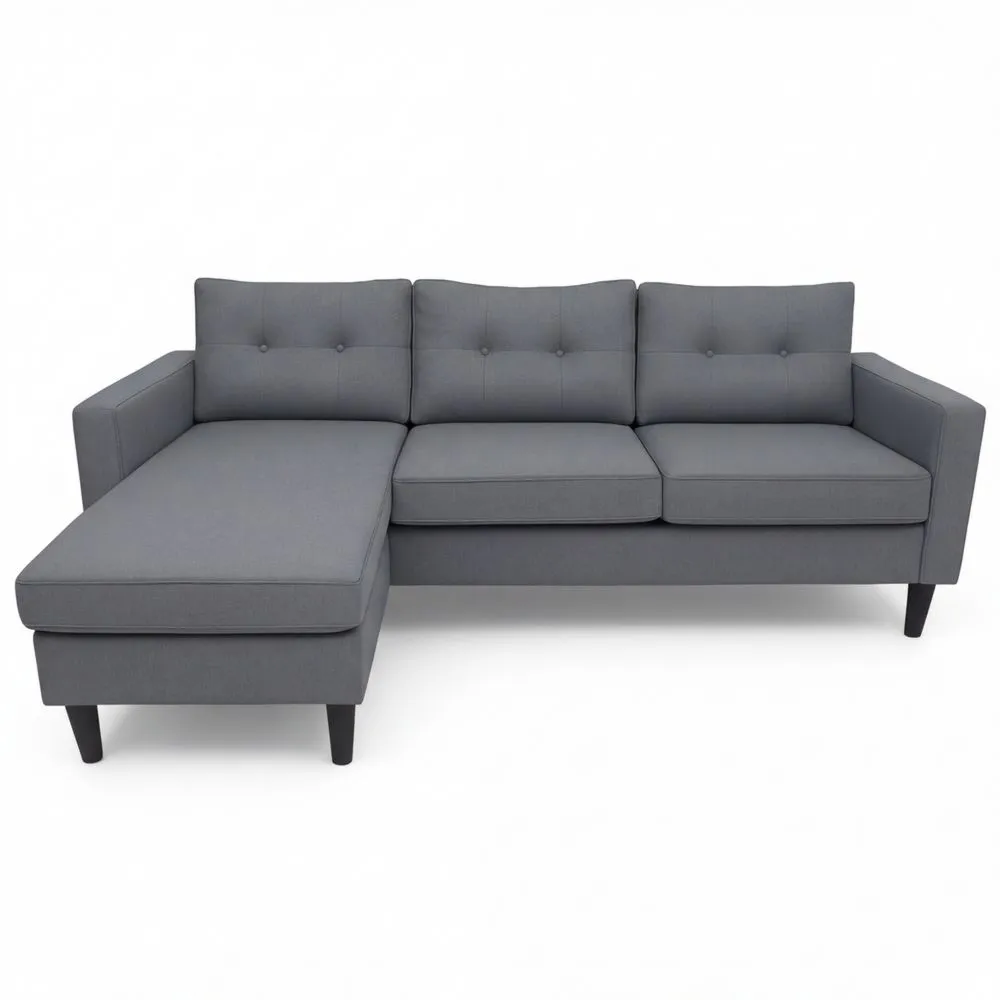 Sofá 3 Plazas con Chaiselongue Intercambiable y Asientos Acolchados, Estructura de Madera y Aglomerado, Gris