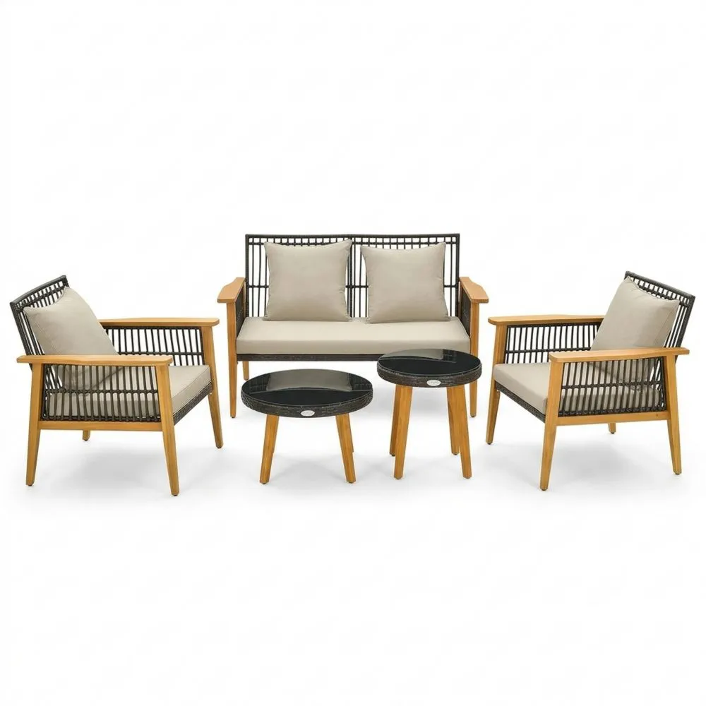 Conjunto de Jardín de Ratán 5 Piezas con Sofá, Sillón y Mesas de Café