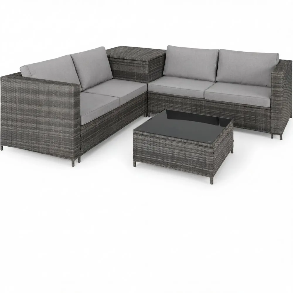 Conjunto de Jardín de Ratán con Cojines de 8 cm, Resistente a la Intemperie, 2 Sofás, 1 Mesa y 1 Caja de Almacenaje