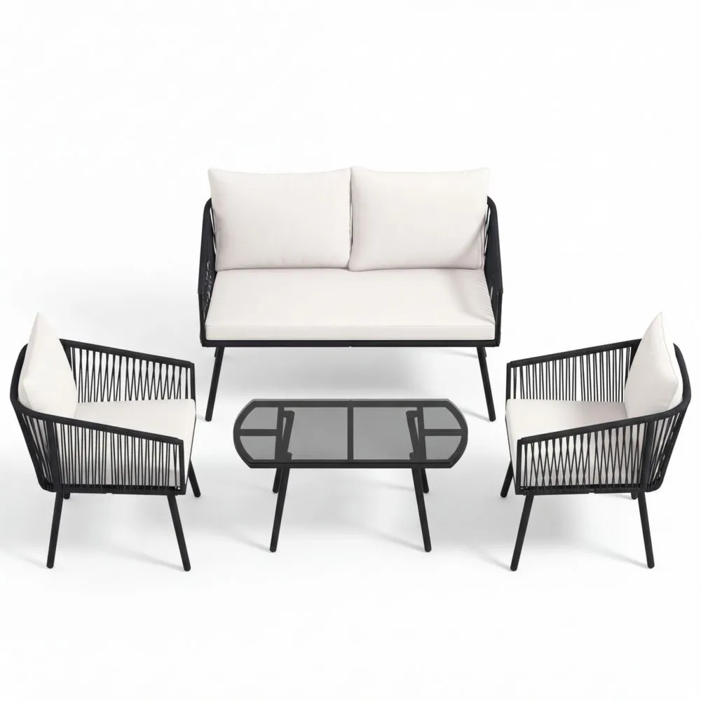 Conjunto de Muebles de Jardín de 4 Piezas para Exterior con Cojines y Mesa de Vidrio