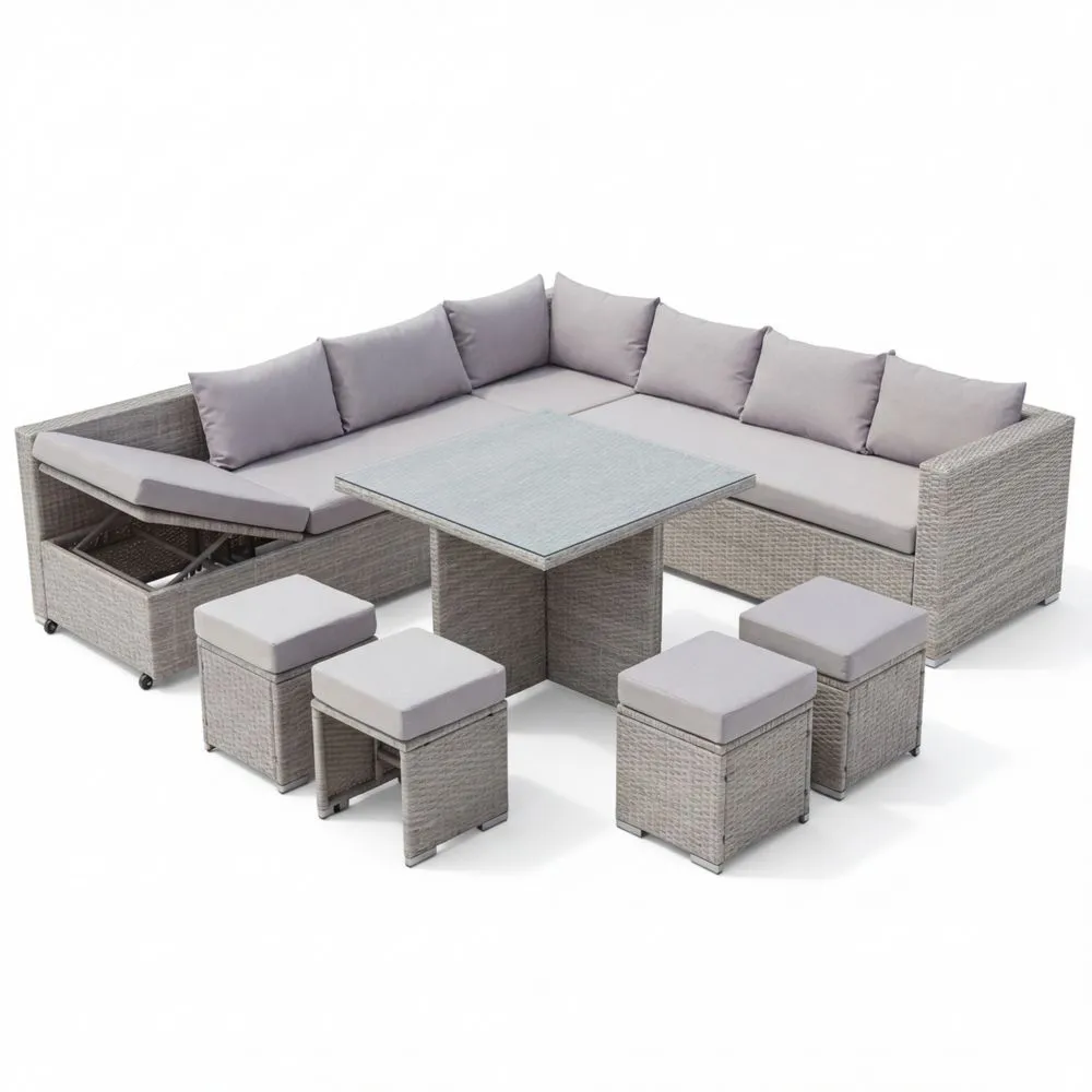 Salón de Jardín 10 Plazas con Mesa de Vidrio y Sofá Esquinero