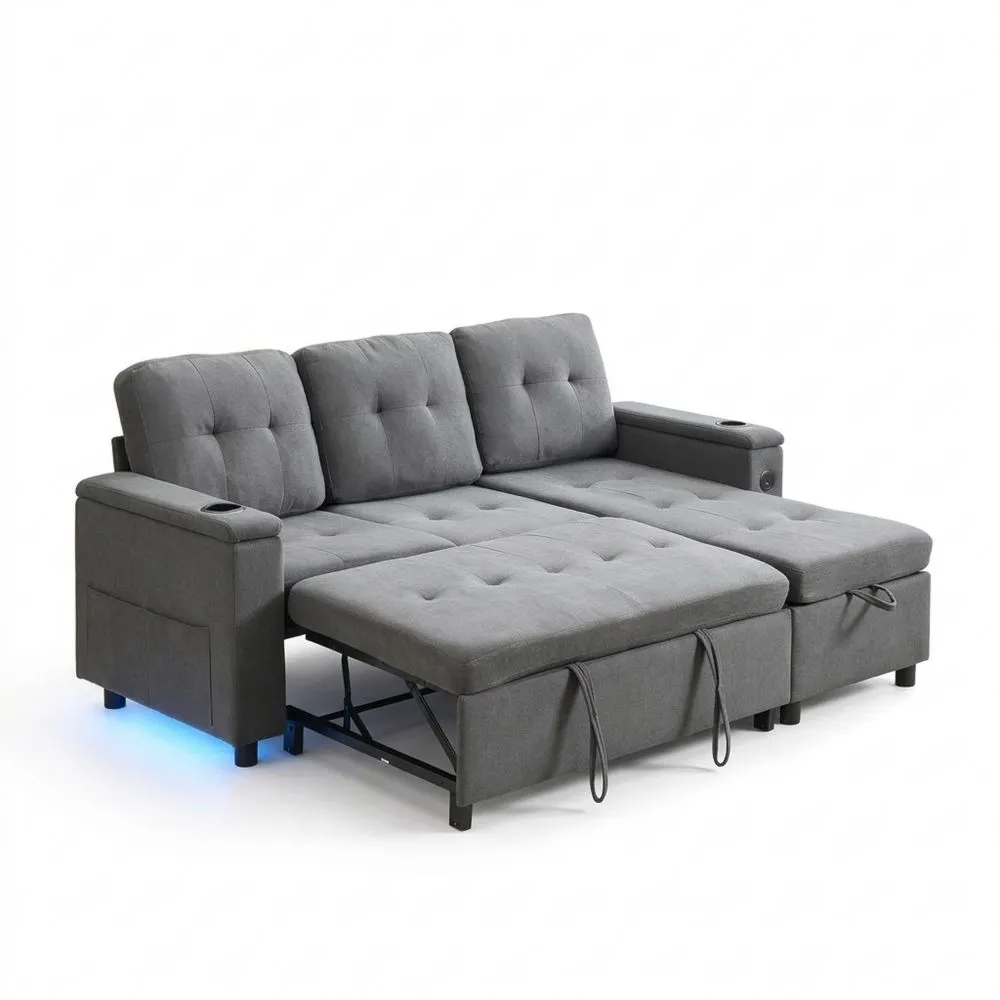 Sofá Esquinero en L con LED y Portavasos, Compartimento de Almacenamiento y Bolsillo Lateral