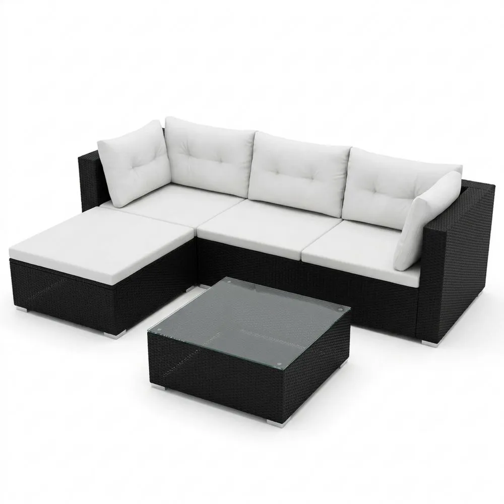 Conjunto de Muebles de Jardín Ratán 5 Piezas con Cojines y Mesa de Cristal para Exterior