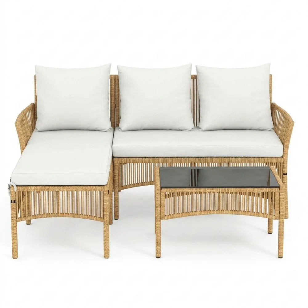 Conjunto de Jardín de Ratán de 3 Piezas con Sofá y Mesa de Vidrio