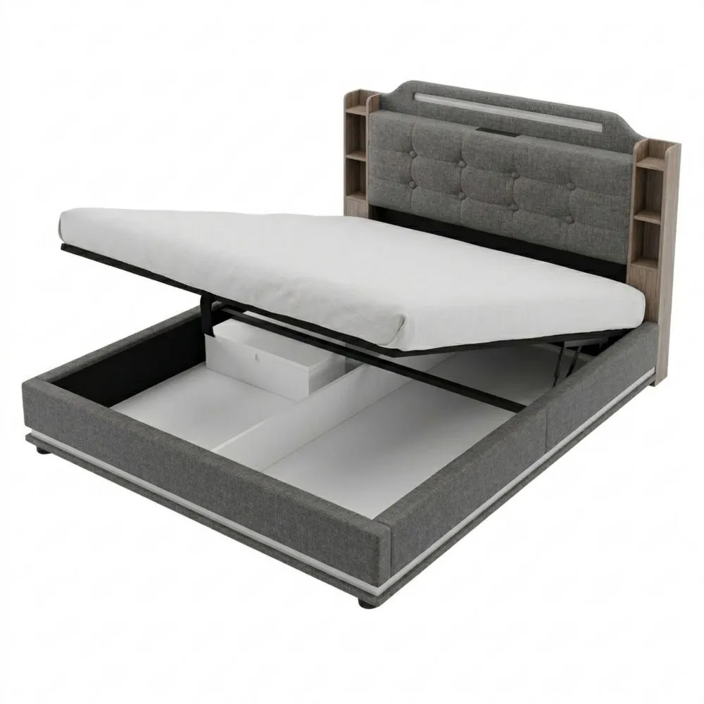 Cama Tapizada 140x200 cm con Cabecero LED y Almacenamiento Hidráulico, Cama Doble Juvenil