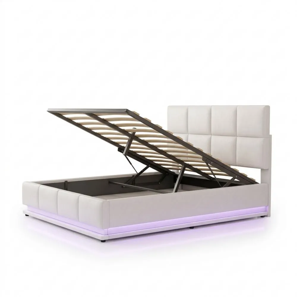 Cama doble acolchada 140 x 200 cm con cabecero ajustable y cajón hidráulico