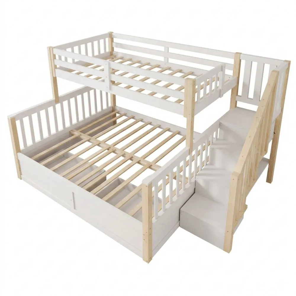 Cama litera hidráulica con escalera de almacenamiento, tamaño 90x200 cm y 140x200 cm, color blanco y natural, sin colchón