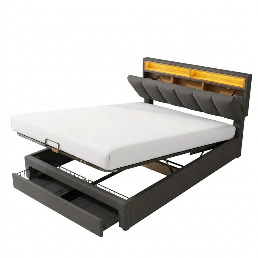 Cama Doble con Almacenamiento Hidráulico en Gris