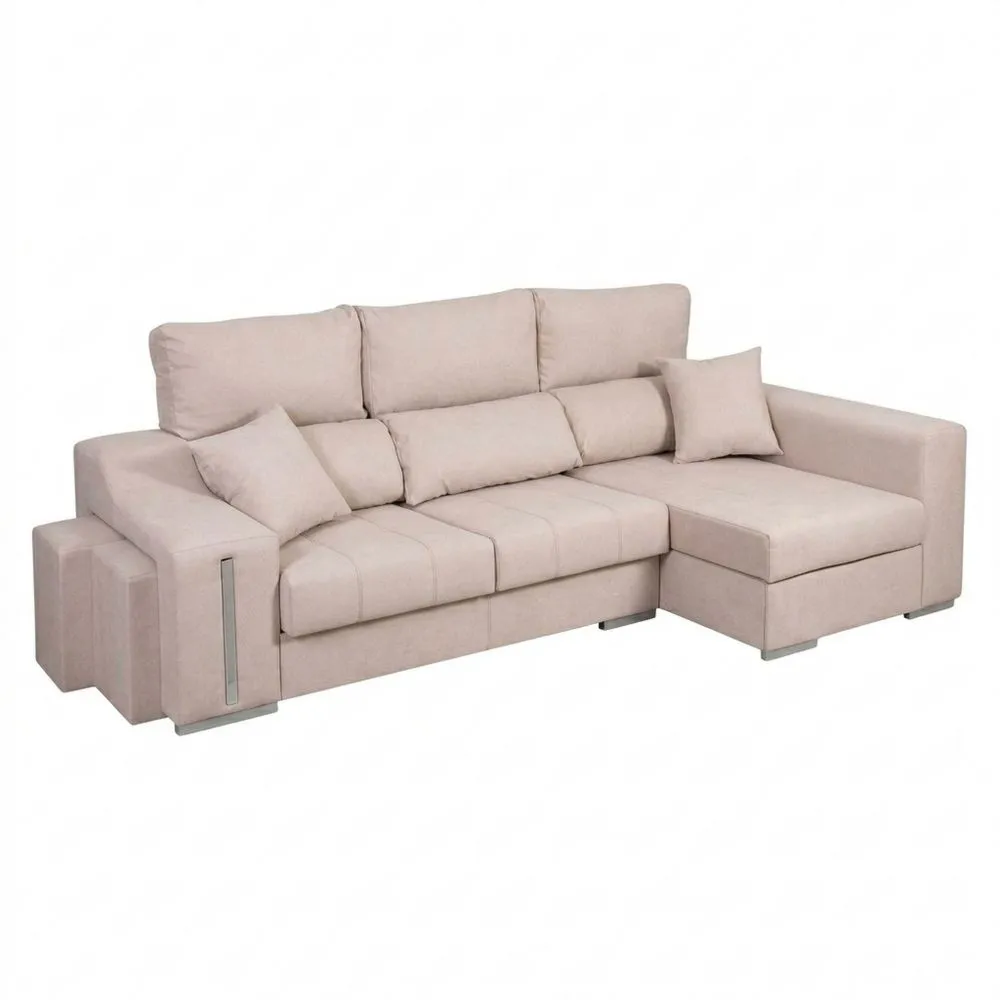 Sofá Chaise Longue Derecho 3 Plazas con Cofre y Reposapiés Beige 263 cm