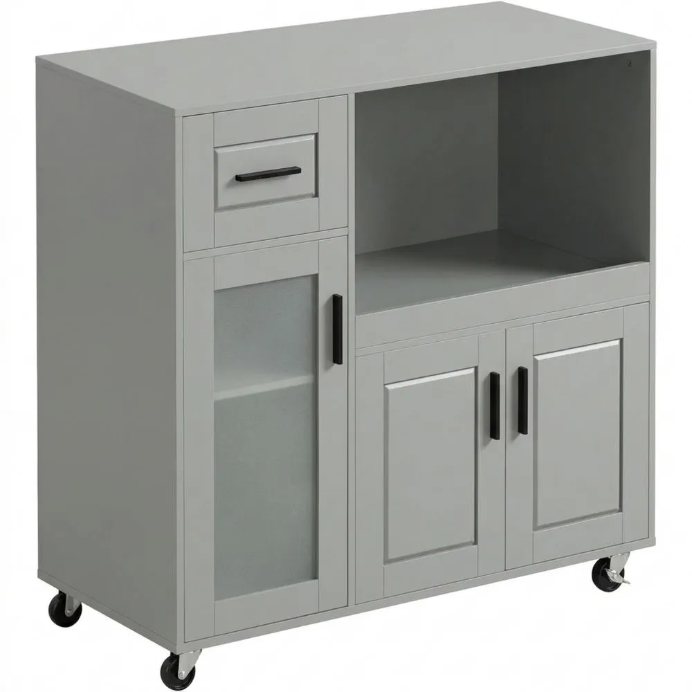 Carrito de Cocina con Ruedas, Isla de Cocina Móvil, Armario Auxiliar, Estante para Microondas, para Comedor y Oficina Hogar