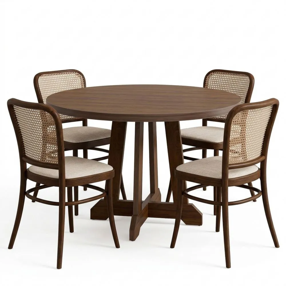 Mesa de comedor redonda para 4 personas, 120 cm, mesa de madera con patas robustas, 4 partes en la superficie, mesa redonda para cocina, comedor, sala de estar, marrón