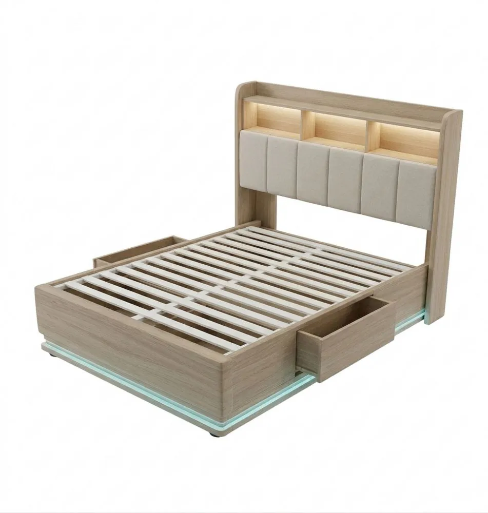 Cama Tapizada 140 x 200 cm con Almacenamiento Hidráulico, USB y Luz LED