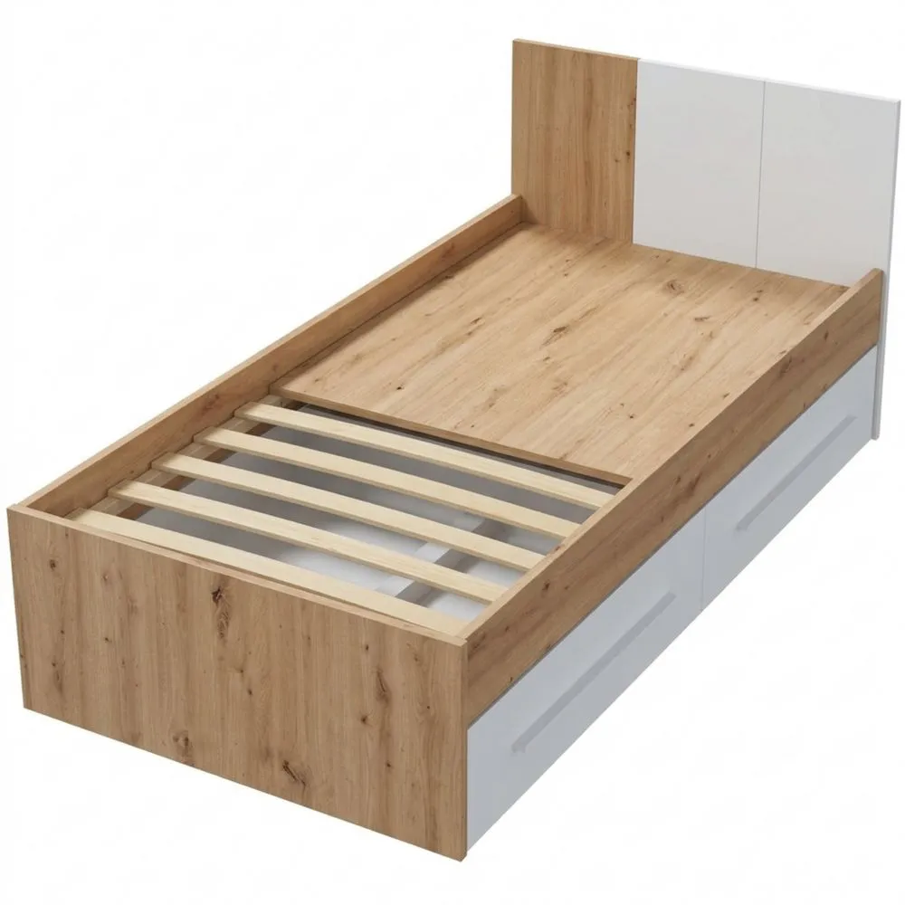 Cama Individual con 2 Cajones, Reversible, Blanco y Roble, 196 x 97 x 77 cm