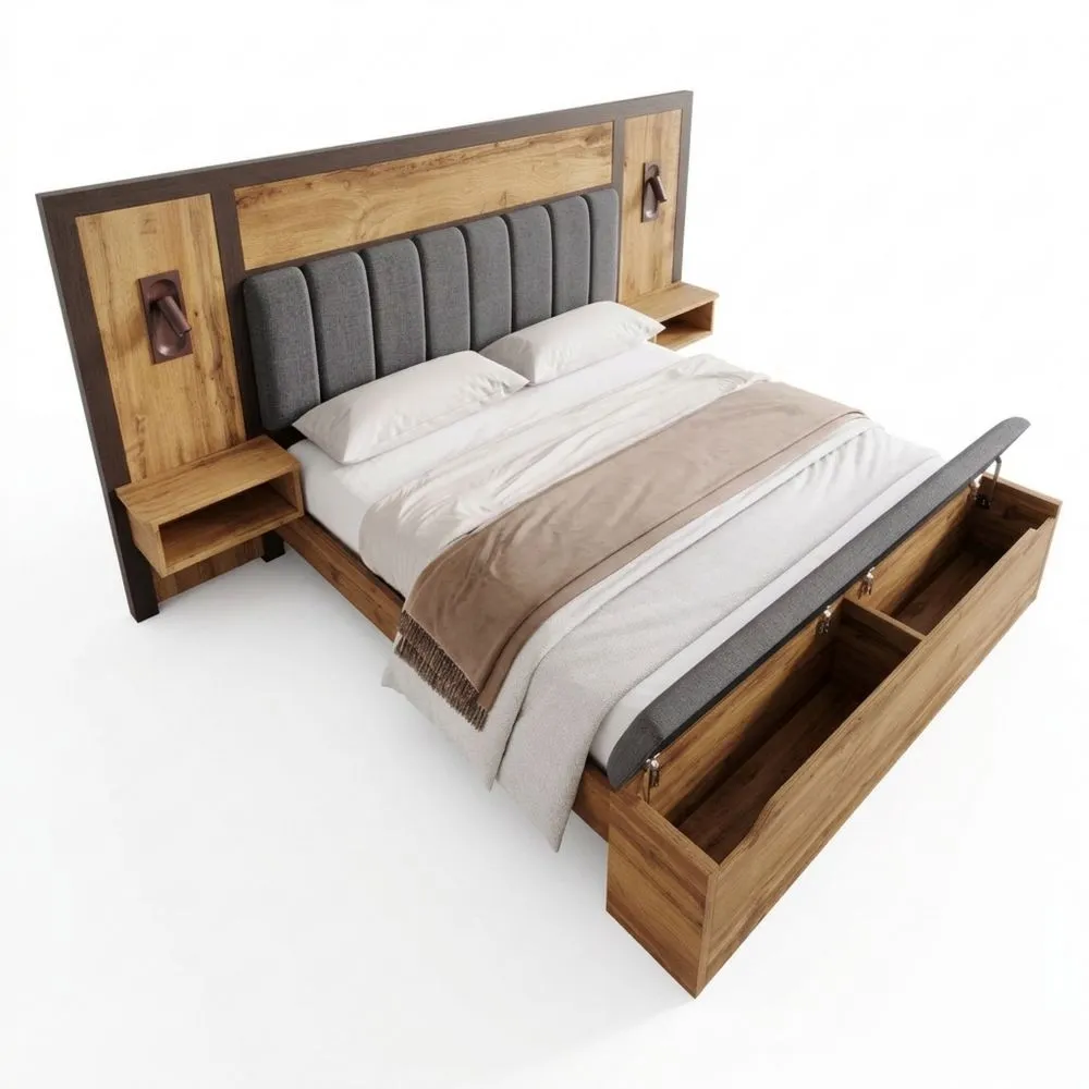 Cama Doble Tapizada con Lámpara de Lectura y Mesa Auxiliar USB, Estructura Metálica y Banco de Almacenamiento
