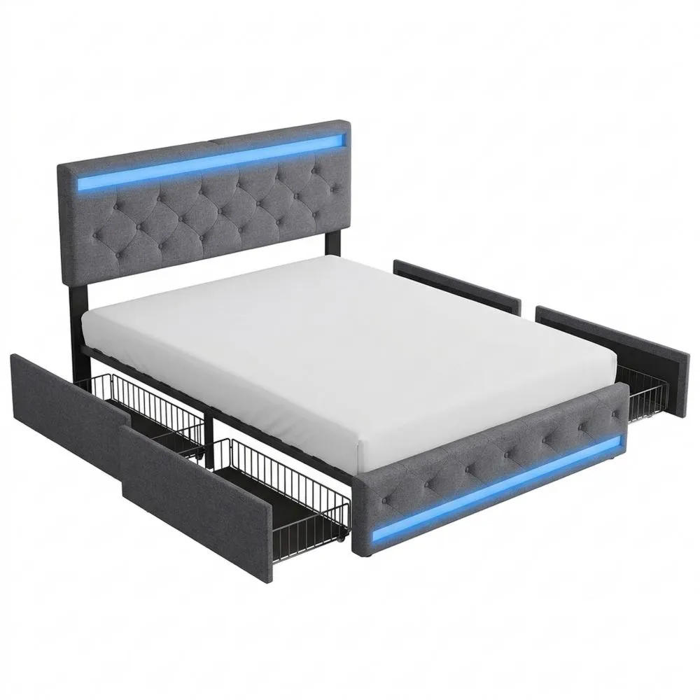 Cama Doble Acolchada con Luces LED y Puerto USB, Base de Lamas y Cabecero, para Adultos y Adolescentes, Terciopelo