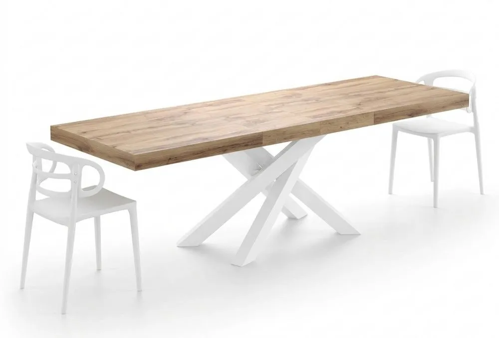 Mesa extensible de comedor para 6-10 personas, color madera rústica con patas cruzadas blancas
