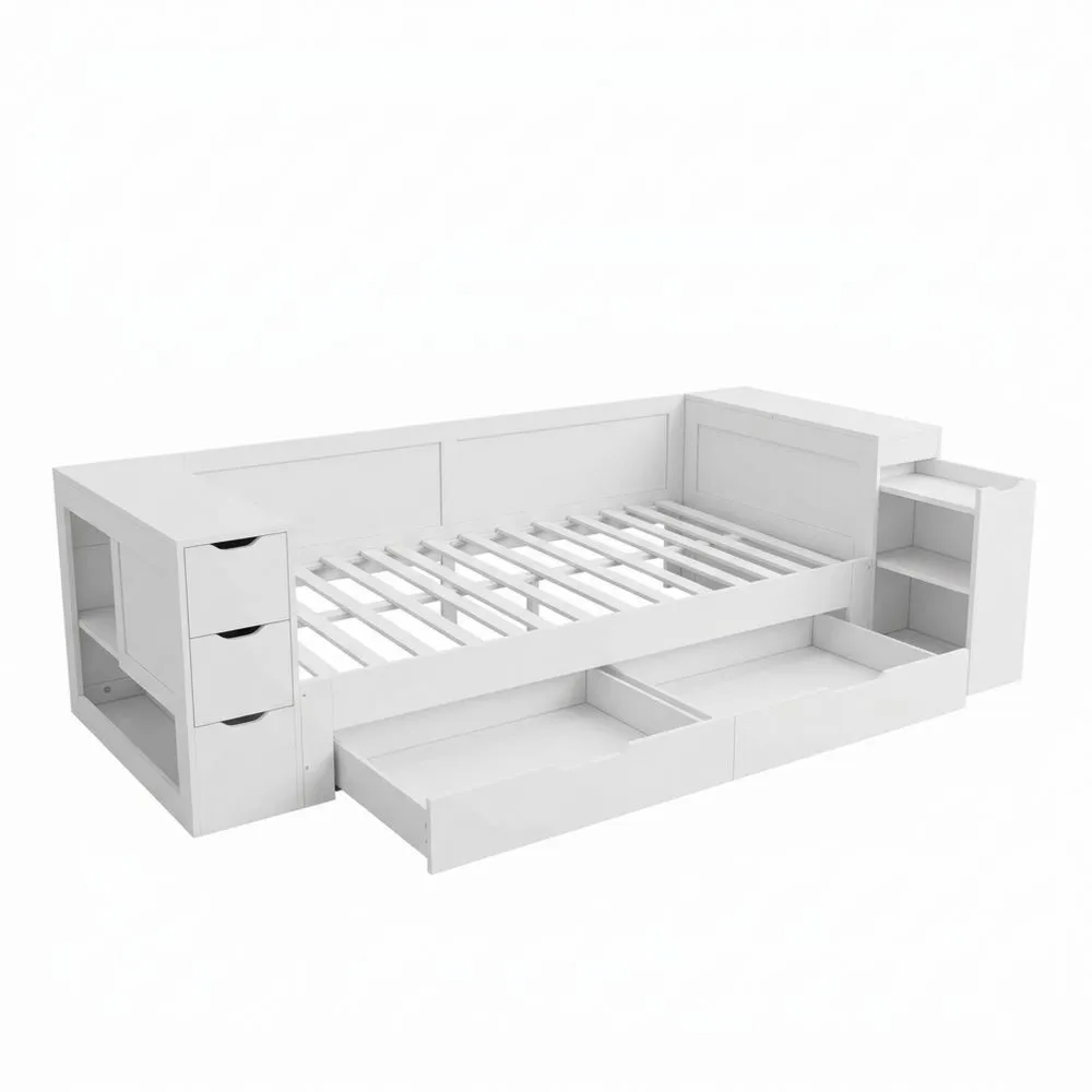 Sofá Cama Multifuncional con Cajones y Estantes para Almacenamiento, Incluye Mesita de Noche, Sin Colchón, Blanco