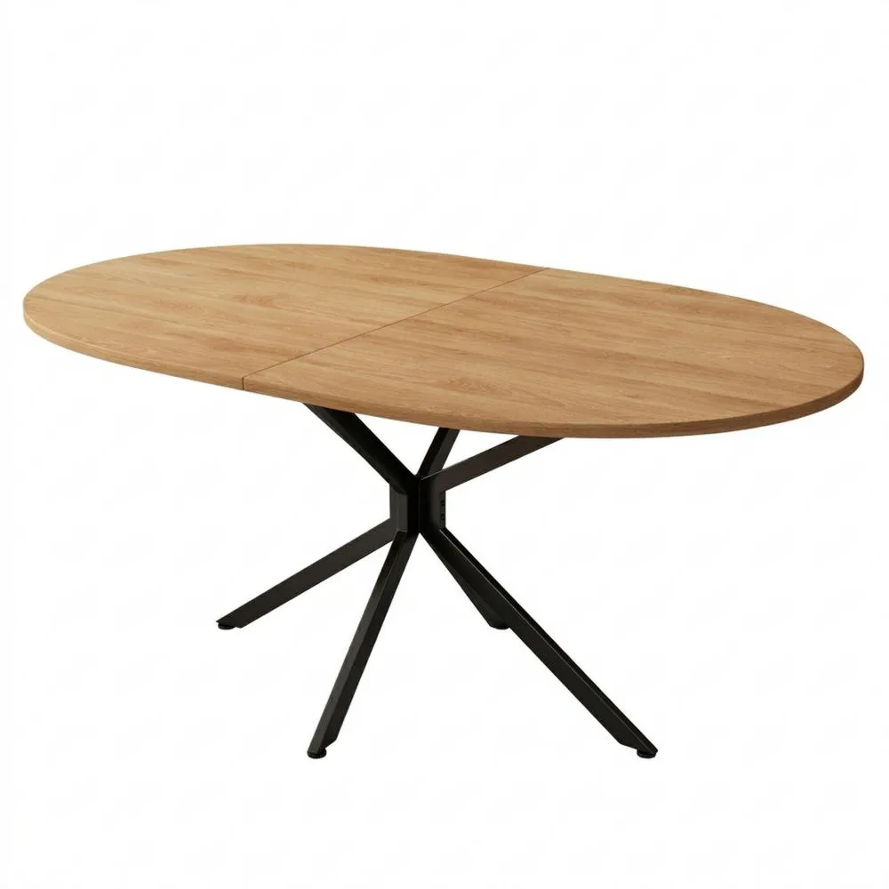 Mesa de comedor ovalada con patas cruzadas de metal negro y tapa de mármol MDF, 120 x 80 x 75.5 cm, natural