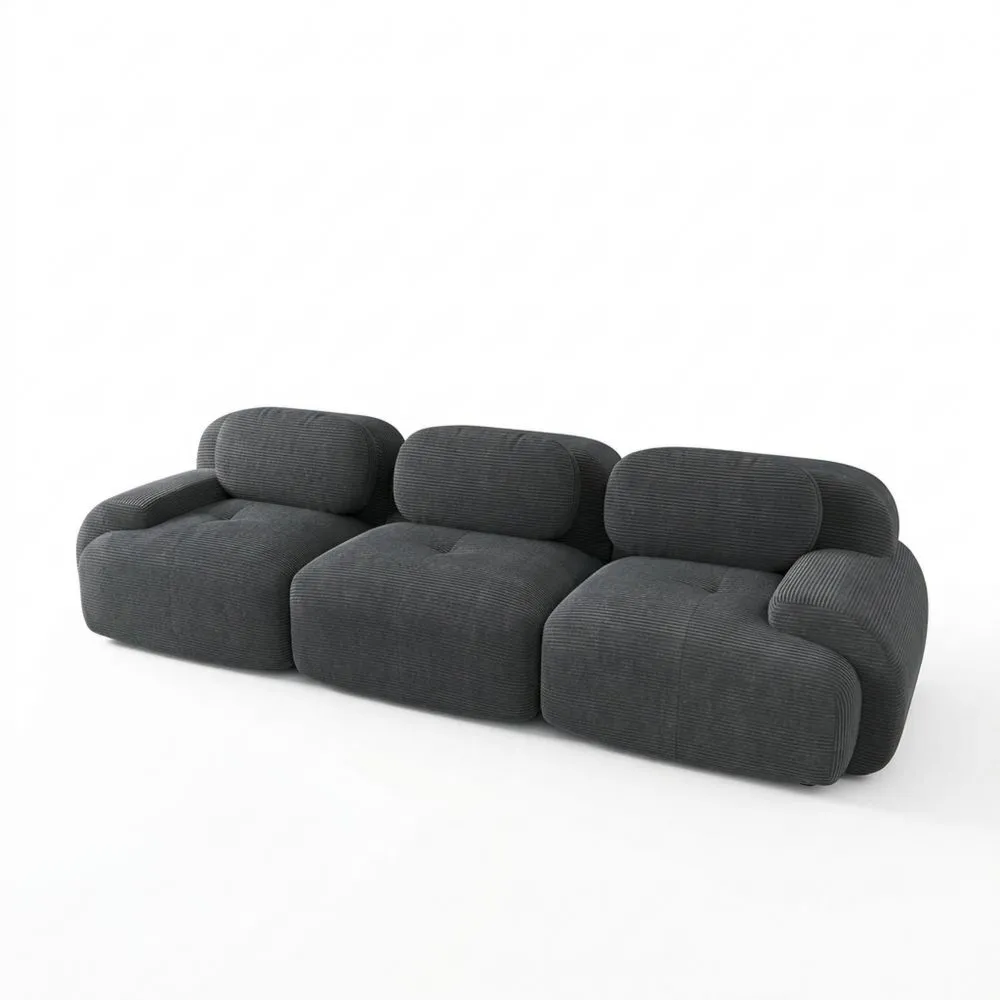 Sofá Seccional de Tres Plazas con Reposabrazos Ergonómicos y Relleno Resistente, Forro de Corderoy, Gris