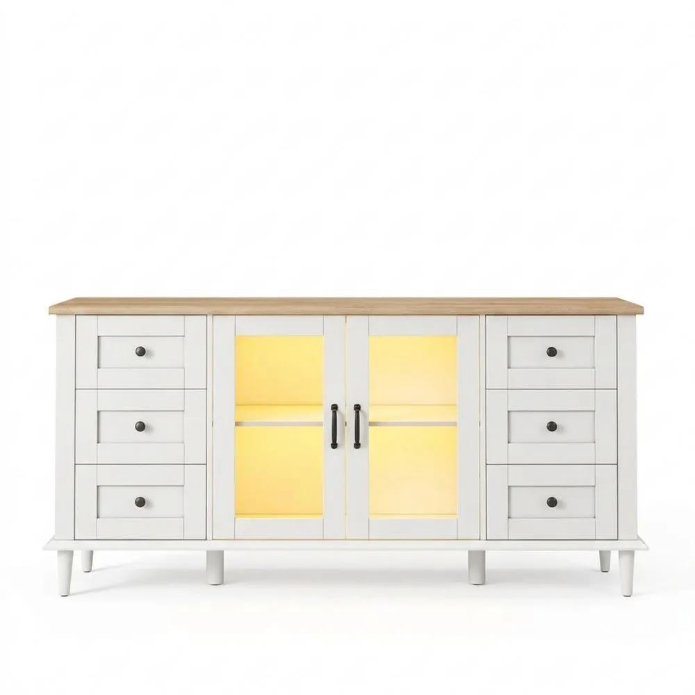 Aparador de Salón con Luces LED, 2 Puertas y 6 Cajones