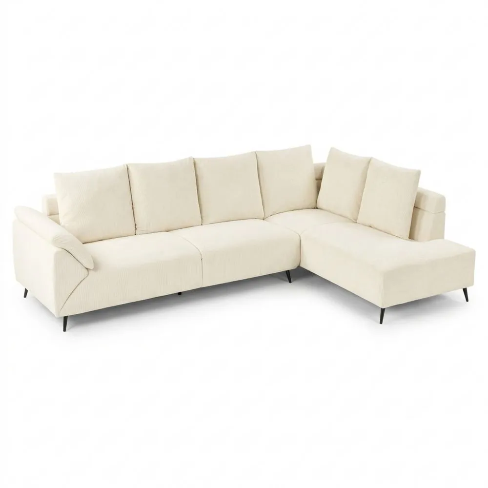 Sofá esquinero tapizado en pana beige 266 x 181 cm con cojines adicionales y patas cromadas