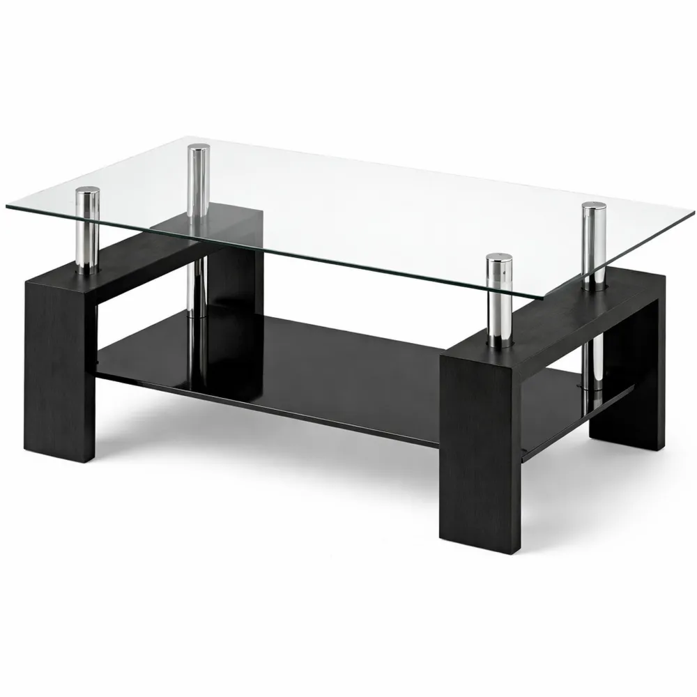 Tavolino da Salotto Moderno in Vetro e Legno, 2 Livelli, Nero