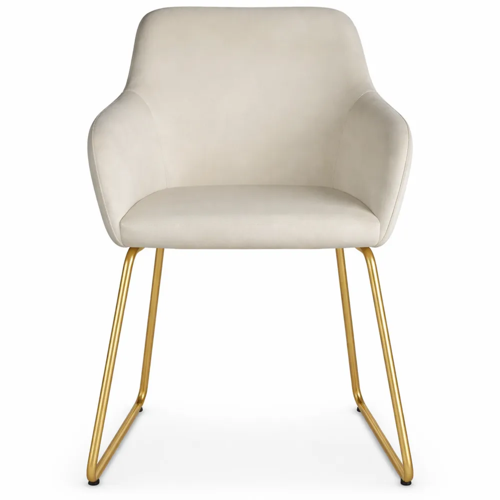 Set di 4 sedie in velluto per sala da pranzo con schienale e gambe in metallo, crema/oro