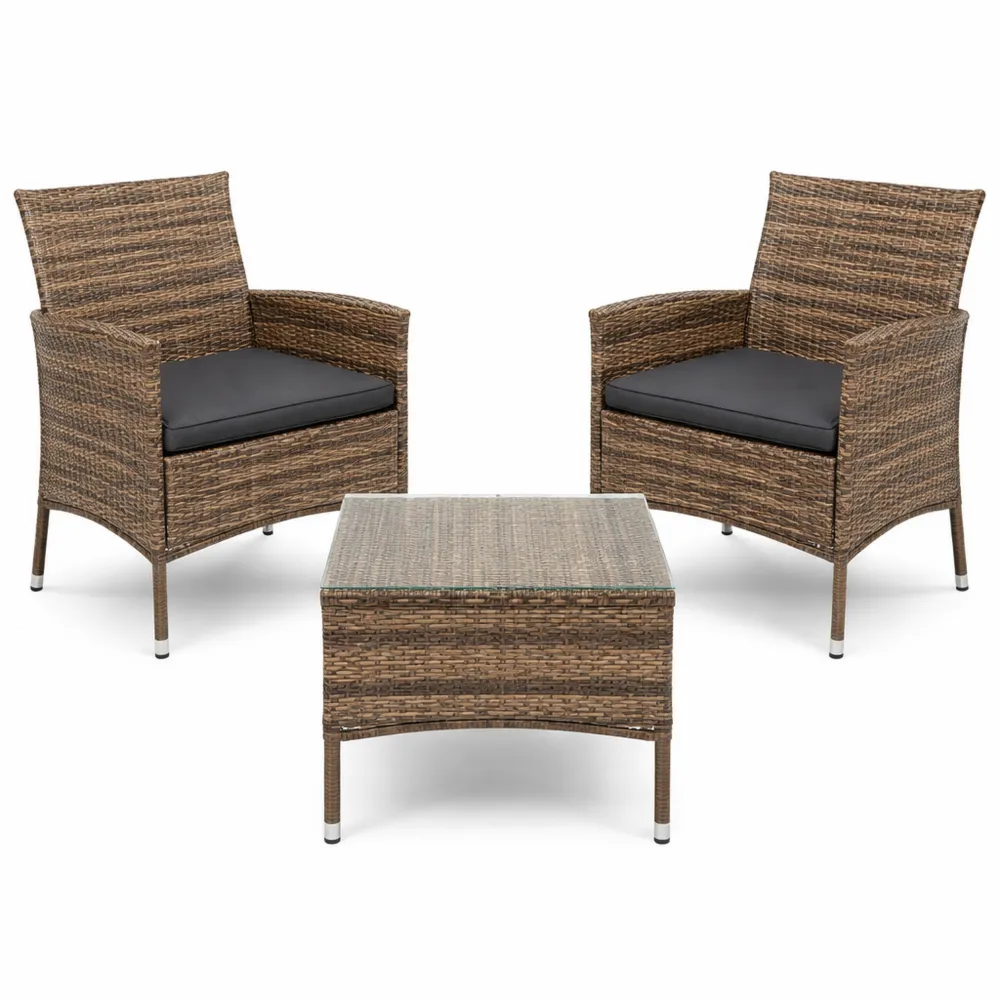 Set arredo da giardino in rattan con tavolino in vetro e cuscini comodi