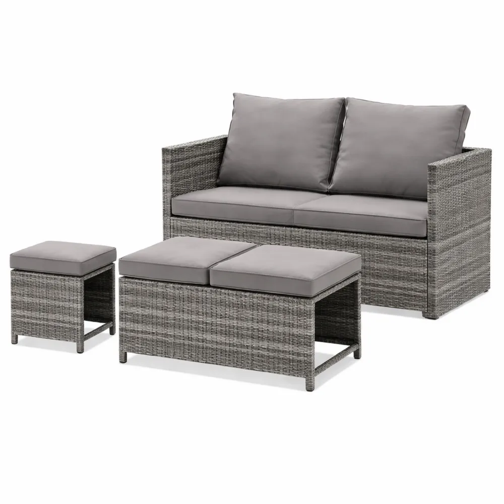 Set da giardino in polyrattan con tavolo e divano grigio