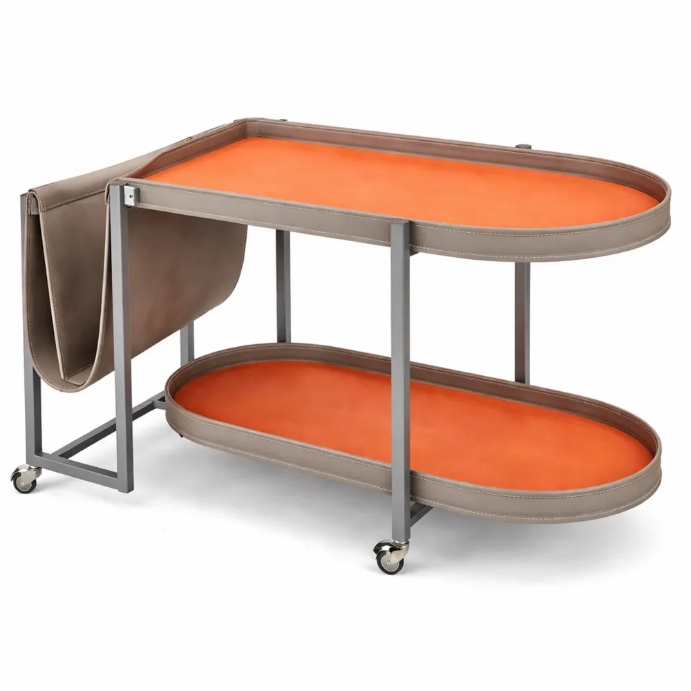 Tavolino a Due Ripiani con Ruote in Pelle e Metallo per Salotto, Ufficio o Camera
