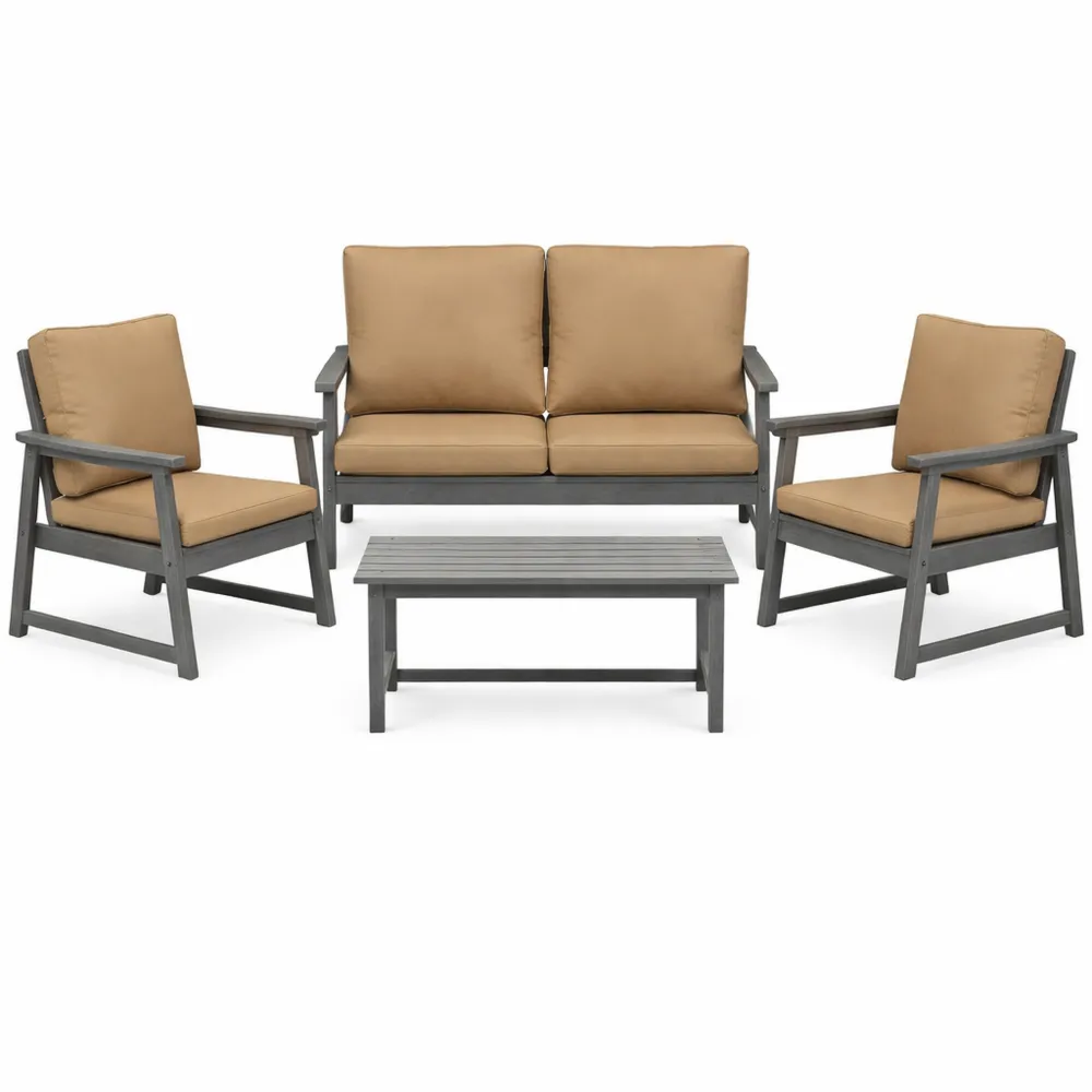 Set da Giardino in HDPE con Divano, Tavolo e Poltrone, 4 Pezzi con Cuscini, Grigio Scuro