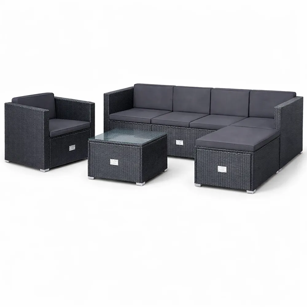 Set salotto in polyrattan per esterni, 4-5 posti, divano, poltrona, sgabello