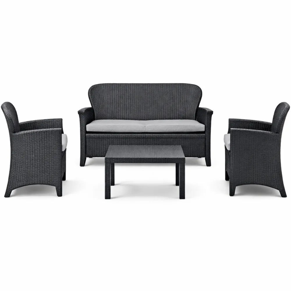 Set salotto da giardino con poltrone, divano e tavolino, effetto rattan con cuscini, colore antracite