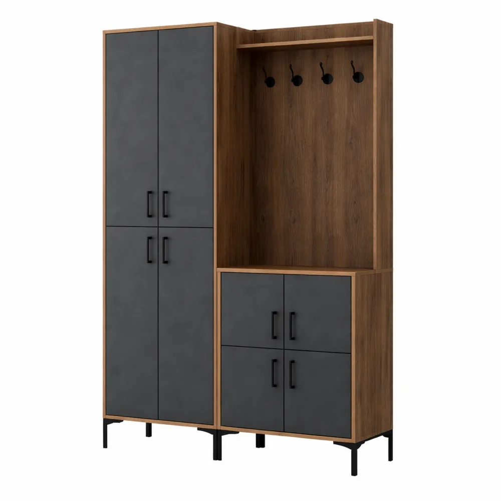 Mobile da ingresso con appendiabiti e consolle multifunzione in noce e antracite