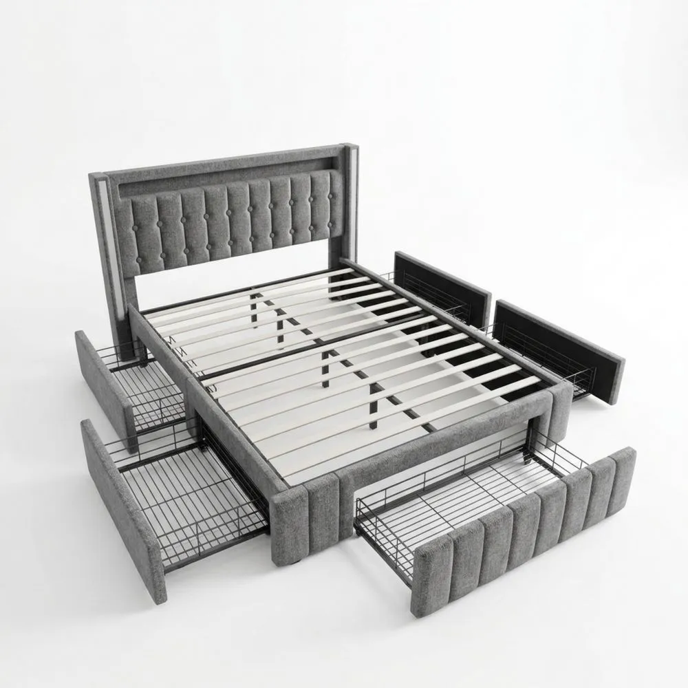 Cama Doble 140x200 con Iluminación LED y Puerto USB C, Almacenaje Integrado, Soporte de Lamas, Lino Gris