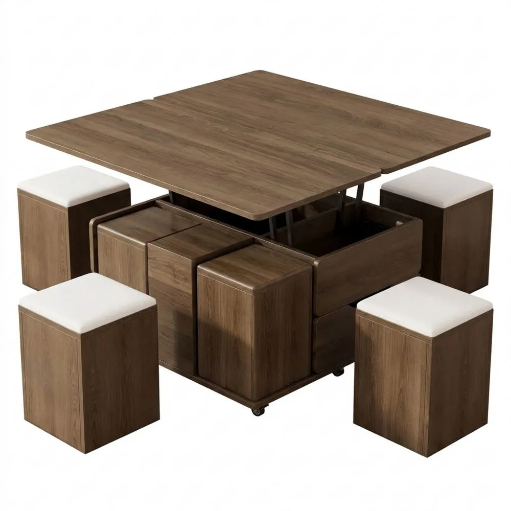 Mesa de Centro Elevable con Almacenamiento Oculto y Taburetes