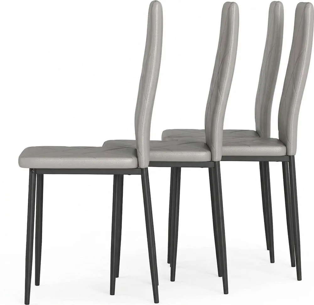 Sillas de comedor modernas, tapizadas en piel sintética, respaldo alto, asiento acolchado, patas de acero, gris, paquete de 4