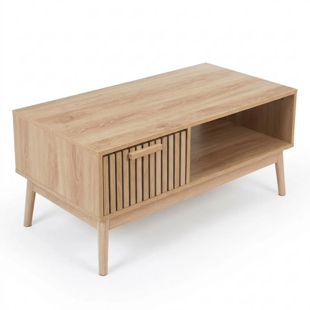 Mesa de Centro de Madera con Cajón y Compartimento de Almacenamiento para Salón