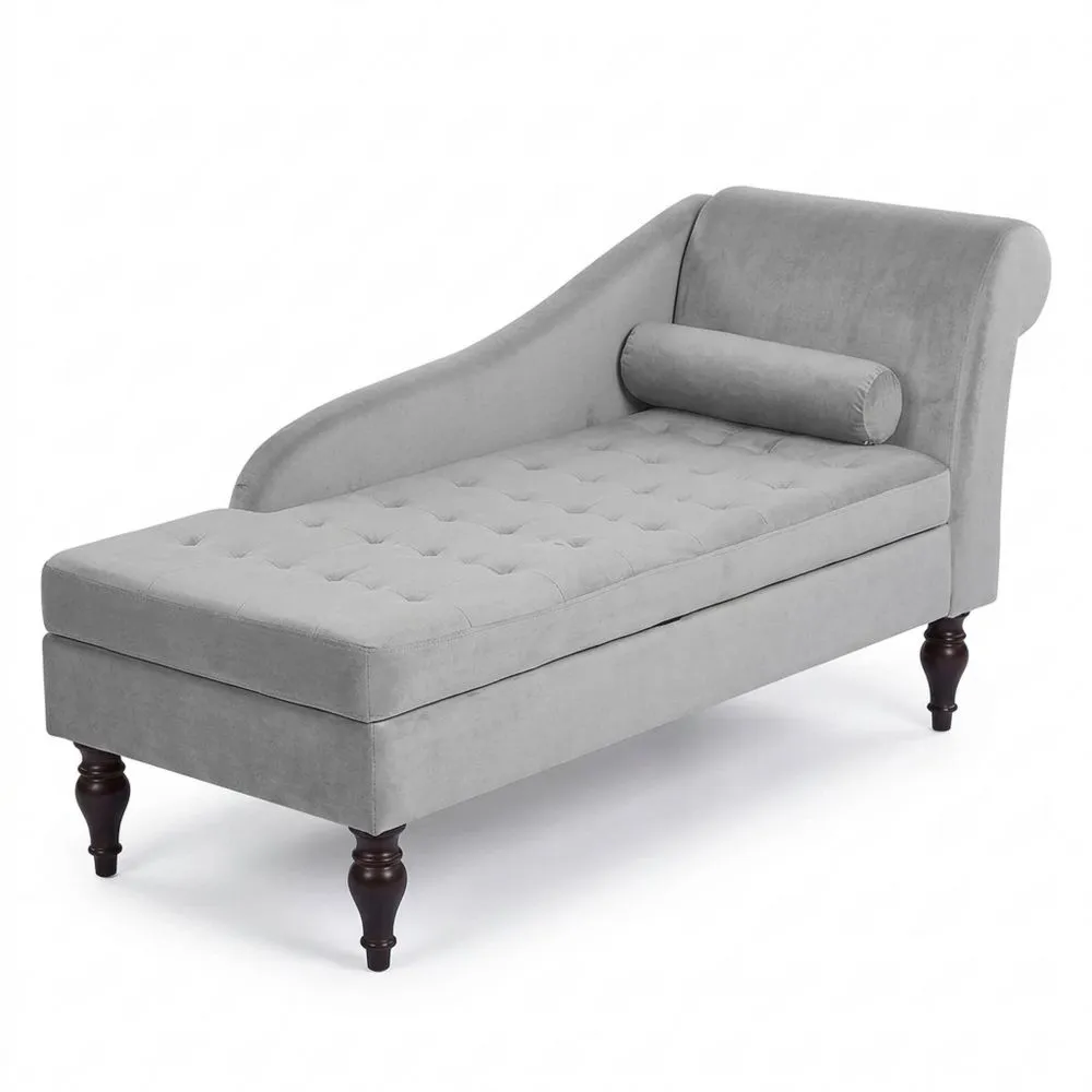 Chaise Longue Moderna Tapizada en Terciopelo Gris Claro con Cojín Decorativo y Espacio de Almacenaje a la Derecha