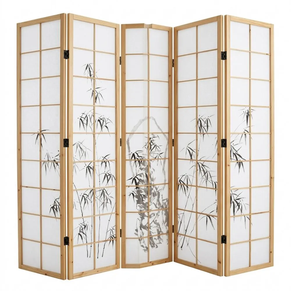 Biombo de Madera Natural con Diseño de Bambú de 5 Paneles